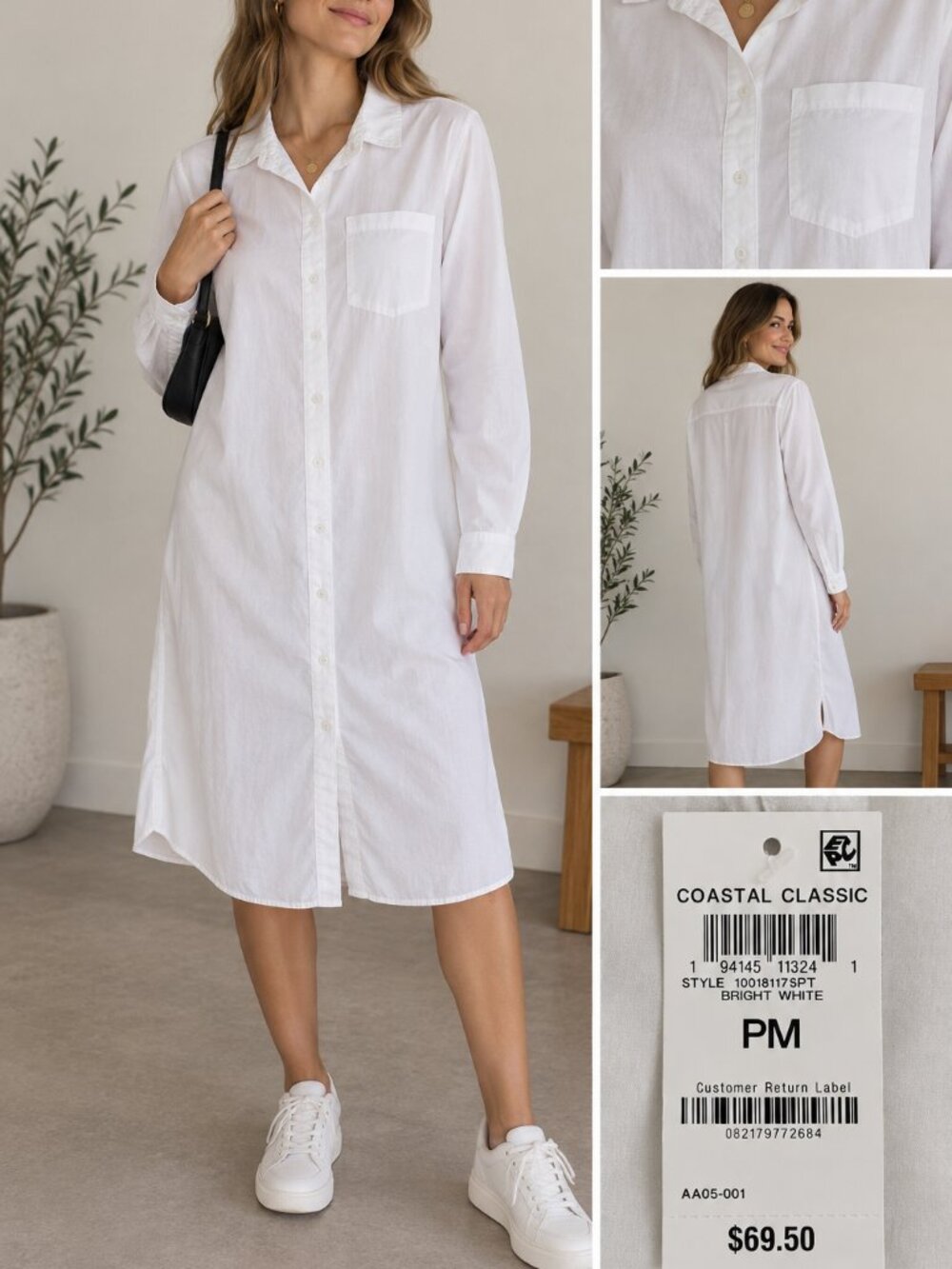 Coastal Classic Women's Long Sleeve Midi Shirt Dress – Button-Down Relaxed Fit,